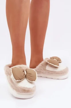 Damskie Boto Futrzane Kapcie Z Kokardką Beżowe Grilis