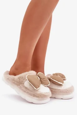 Damskie Boto Futrzane Kapcie Z Kokardką Beżowe Grilis