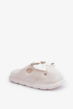 Boto Kapcie Klasyczne*Futrzane Kapcie Z Kokardką I Przypinkami Białe Annalira Biały