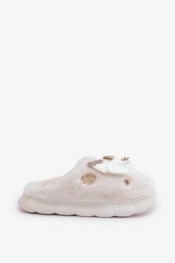 Boto Kapcie Klasyczne*Futrzane Kapcie Z Kokardką I Przypinkami Białe Annalira Biały