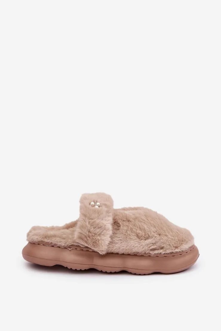 Boto Kapcie Klasyczne*Futrzane Kapcie Z Małą Broszką Ciemnobeżowe Primaria Beżowy