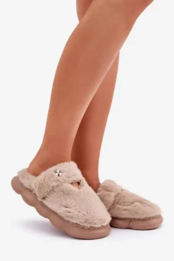 Boto Kapcie Klasyczne*Futrzane Kapcie Z Małą Broszką Ciemnobeżowe Primaria Beżowy