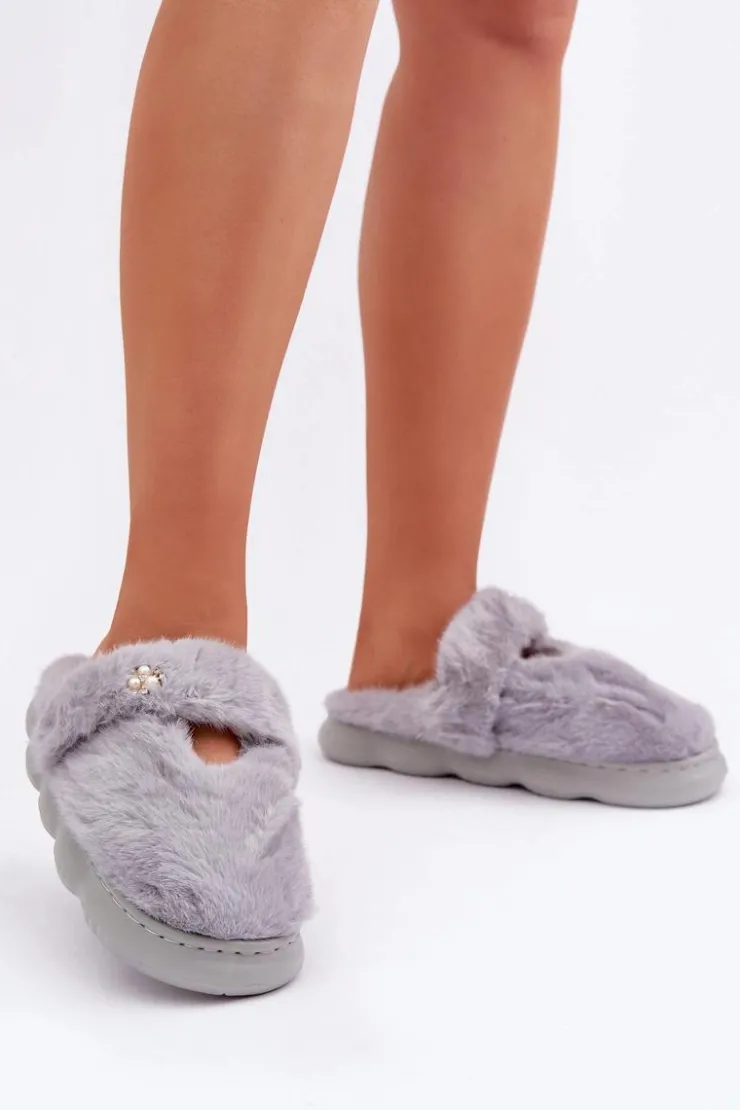 Best Boto Futrzane Kapcie Z Małą Broszką Szare Primaria Szary