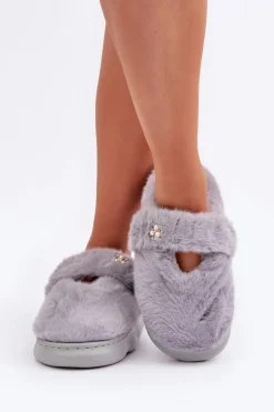 Best Boto Futrzane Kapcie Z Małą Broszką Szare Primaria Szary