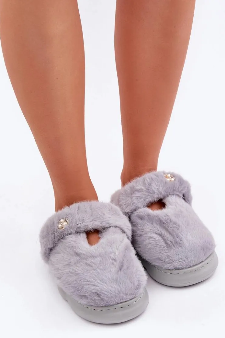 Best Boto Futrzane Kapcie Z Małą Broszką Szare Primaria Szary