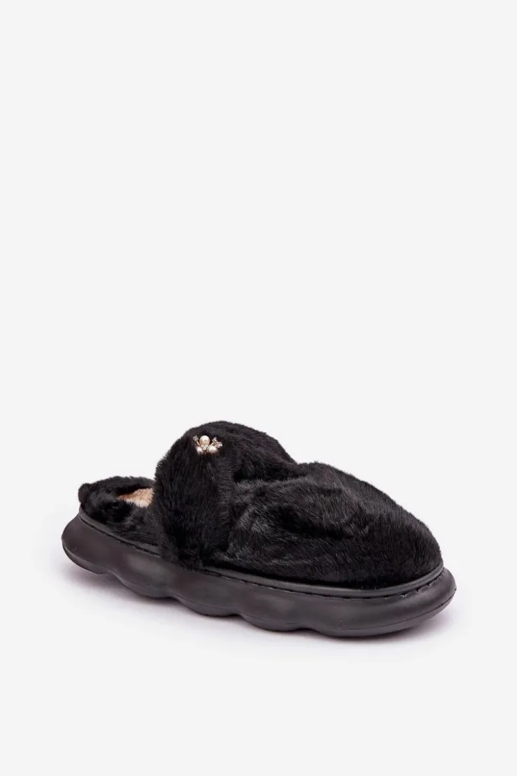 Damskie Boto Futrzane Kapcie Z Małą Broszką Czarne Primaria