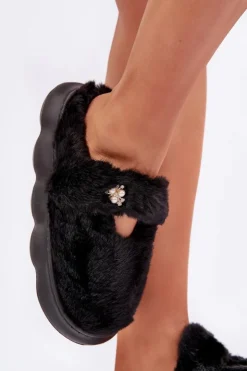Damskie Boto Futrzane Kapcie Z Małą Broszką Czarne Primaria