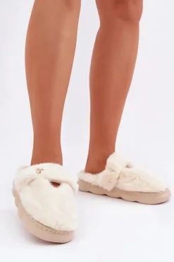 Damskie Boto Futrzane Kapcie Z Małą Broszką Jasnobeżowe Primaria