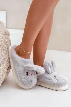 Boto Kapcie Klasyczne*Futrzane Kapcie Z Motywem Króliczka Jasnoszare Natasha Szary