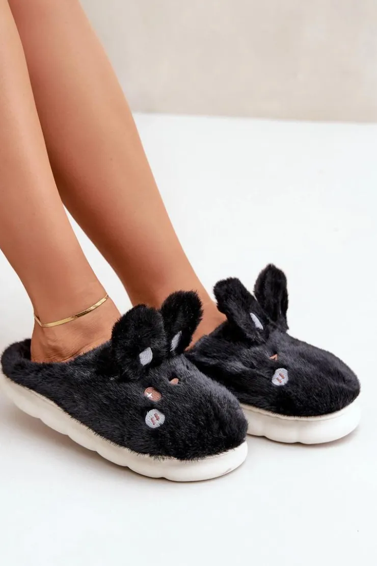 Damskie Boto Futrzane Kapcie Z Motywem Króliczka Czarne Natasha