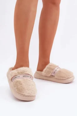 Boto Kapcie Klasyczne*Futrzane Kapcie Z Ozdobnym Paskiem Beżowe Savalithea Beżowy