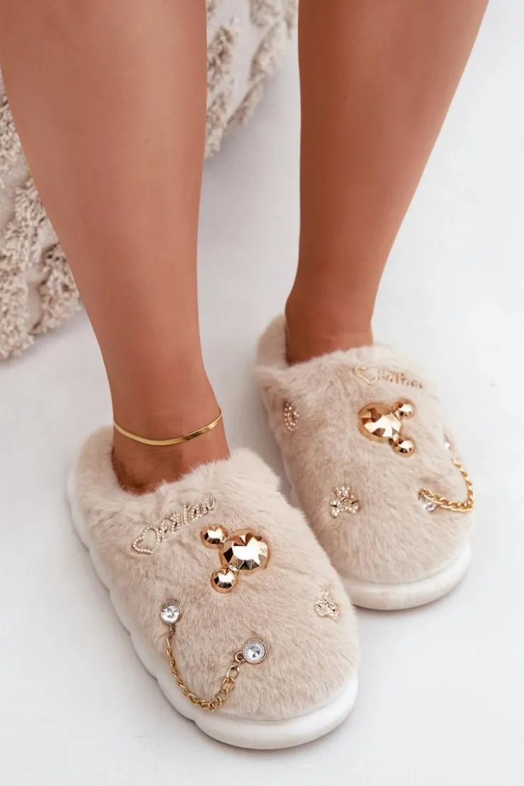 Boto Kapcie Klasyczne*Futrzane Kapcie Z Przypinkami Beżowe Ivelfedi Beżowy