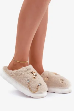 Boto Kapcie Klasyczne*Futrzane Kapcie Z Przypinkami Beżowe Ivelfedi Beżowy