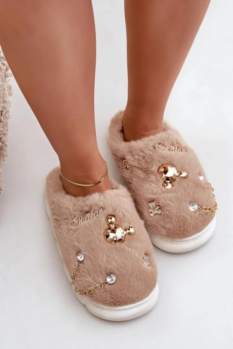 Boto Kapcie Klasyczne*Futrzane Kapcie Z Przypinkami Ciemnobeżowe Ivelfedi Beżowy