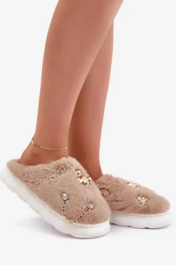 Boto Kapcie Klasyczne*Futrzane Kapcie Z Przypinkami Ciemnobeżowe Ivelfedi Beżowy