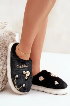 Outlet Boto Futrzane Kapcie Z Przypinkami Czarne Ivelfedi Czarny