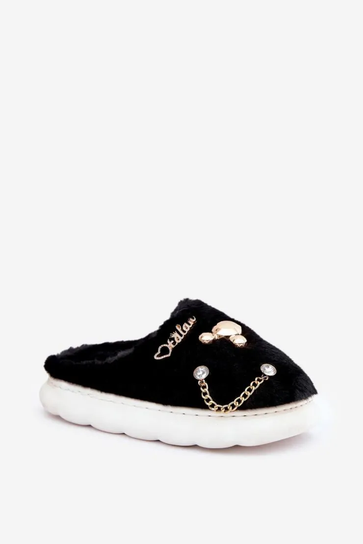 Outlet Boto Futrzane Kapcie Z Przypinkami Czarne Ivelfedi Czarny