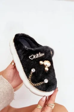 Outlet Boto Futrzane Kapcie Z Przypinkami Czarne Ivelfedi Czarny