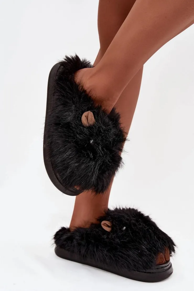 Boto Kapcie Klasyczne*Futrzane Kapice Damskie Kapibary Czarne Pravelle Czarny