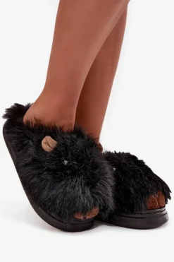 Boto Kapcie Klasyczne*Futrzane Kapice Damskie Kapibary Czarne Pravelle Czarny