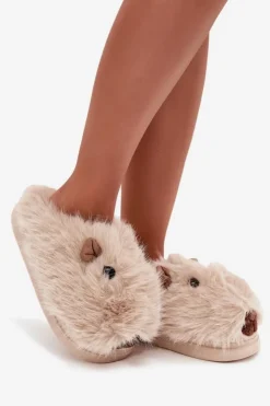 Boto Kapcie Klasyczne*Futrzane Kapice Damskie Kapibary Jasnobeżowe Pravelle