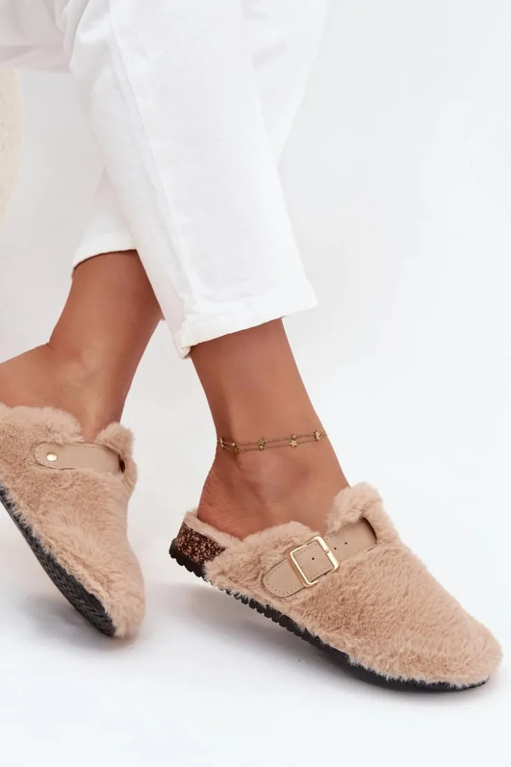 Damskie Boto Futrzane Klapki Damskie Na Platformie Z Paskiem I Klamrą Beżowe Noraline