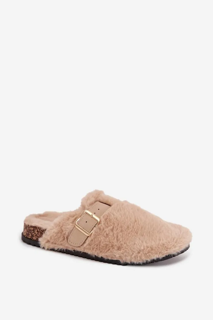 Damskie Boto Futrzane Klapki Damskie Na Platformie Z Paskiem I Klamrą Beżowe Noraline