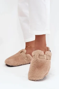 Damskie Boto Futrzane Klapki Damskie Na Platformie Z Paskiem I Klamrą Beżowe Noraline