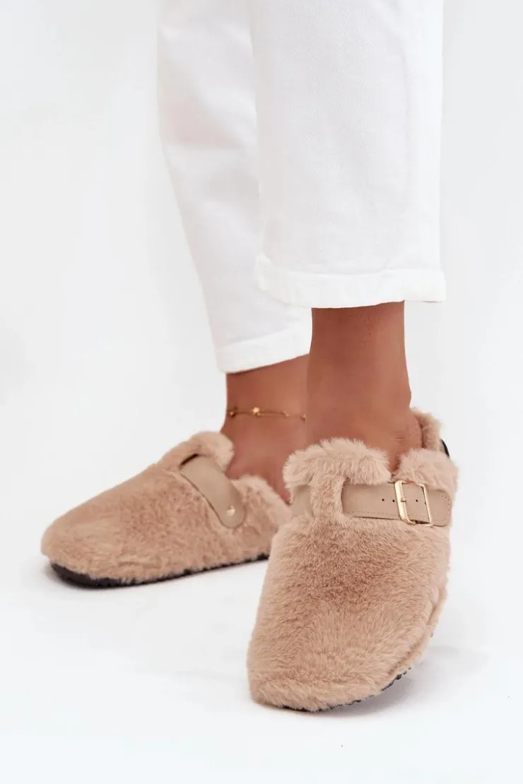Damskie Boto Futrzane Klapki Damskie Na Platformie Z Paskiem I Klamrą Beżowe Noraline