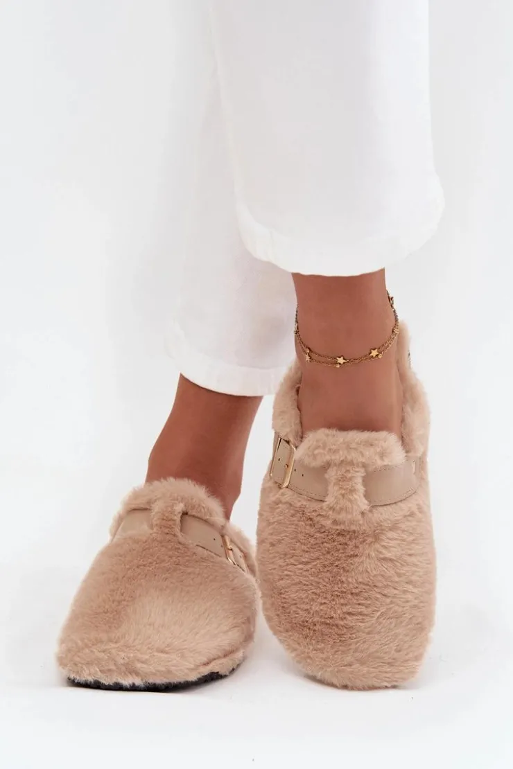 Damskie Boto Futrzane Klapki Damskie Na Platformie Z Paskiem I Klamrą Beżowe Noraline