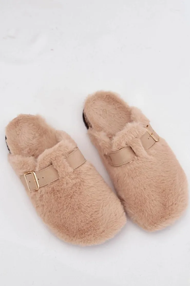 Damskie Boto Futrzane Klapki Damskie Na Platformie Z Paskiem I Klamrą Beżowe Noraline