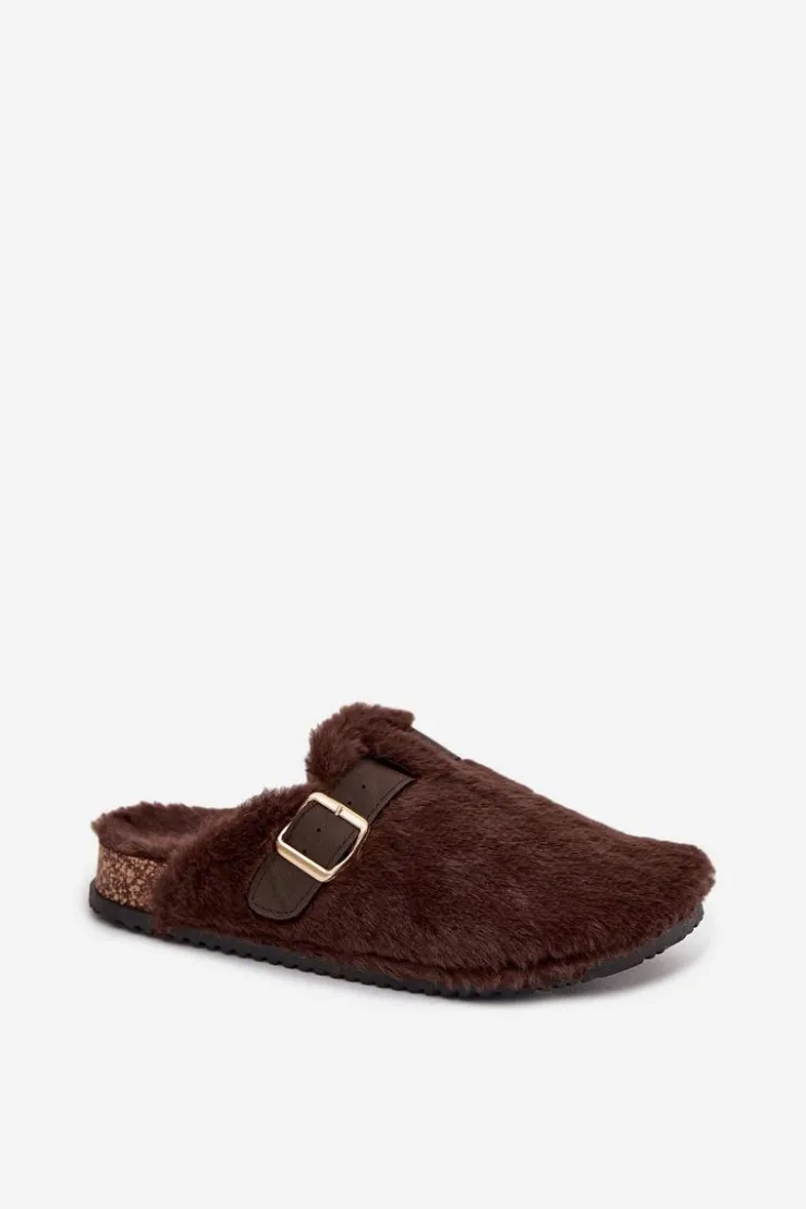 Boto Kapcie Klasyczne|Klapki Korkowe*Futrzane Klapki Damskie Na Platformie Z Paskiem I Klamrą Brązowe Noraline Brązowy