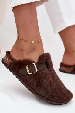 Boto Kapcie Klasyczne|Klapki Korkowe*Futrzane Klapki Damskie Na Platformie Z Paskiem I Klamrą Brązowe Noraline Brązowy
