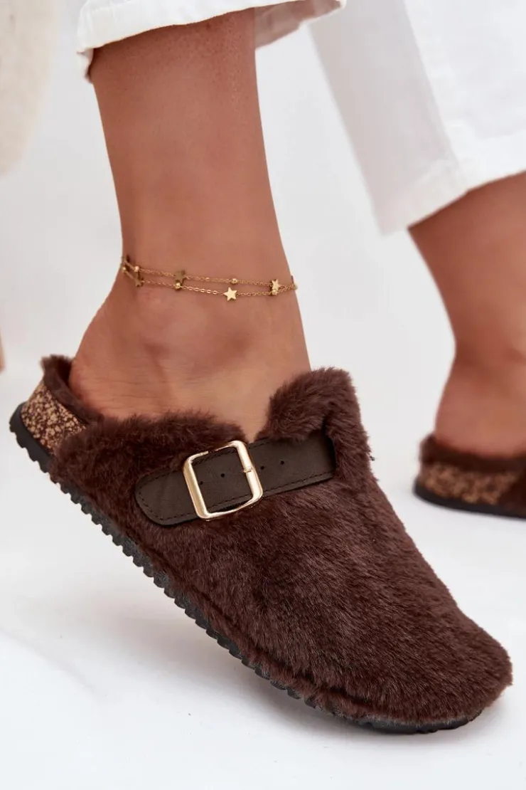 Boto Kapcie Klasyczne|Klapki Korkowe*Futrzane Klapki Damskie Na Platformie Z Paskiem I Klamrą Brązowe Noraline Brązowy