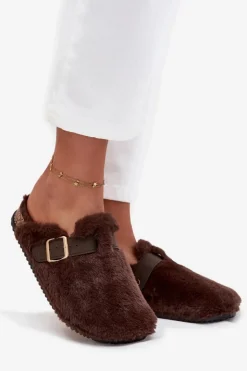 Boto Kapcie Klasyczne|Klapki Korkowe*Futrzane Klapki Damskie Na Platformie Z Paskiem I Klamrą Brązowe Noraline Brązowy