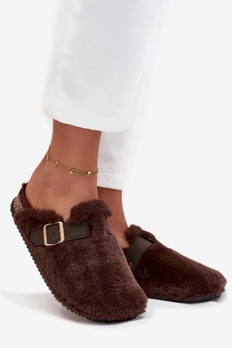 Boto Kapcie Klasyczne|Klapki Korkowe*Futrzane Klapki Damskie Na Platformie Z Paskiem I Klamrą Brązowe Noraline Brązowy