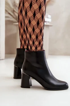 Best Boto Gładkie Botki Damskie Na Słupku Z Eko Skóra Ocieplane Czarne Milisea