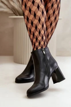 Best Boto Gładkie Botki Damskie Na Słupku Z Eko Skóra Ocieplane Czarne Milisea