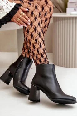 Best Boto Gładkie Botki Damskie Na Słupku Z Eko Skóra Ocieplane Czarne Milisea