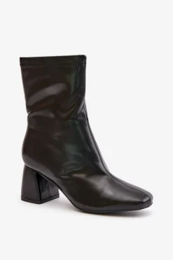 Boto Botki Na Słupku|Czarne Botki*Gładkie Botki Damskie Na Słupku Z Eko Skóry Czarne Izariel