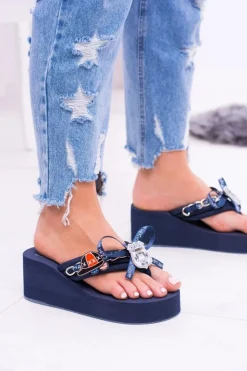 Outlet Boto Granatowe Ekstrawaganckie Klapki na Koturnie Shock