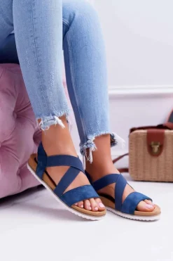 Boto Sandały Płaskie*Granatowe Sandały Damskie Z Gumkami Itako