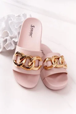 Boto Klapki Damskie Klasyczne*Gumowe Klapki Z Łańcuchem Beżowe One Moment