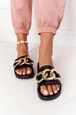 Boto Klapki Damskie Klasyczne*Gumowe Klapki Z Łańcuchem Czarne One Moment