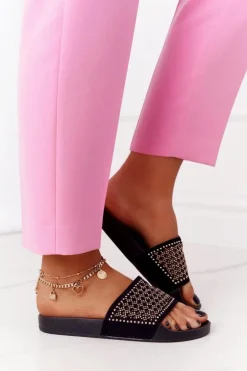 Damskie Evento Gumowe Klapki Z Cekinami Czarne Tonya