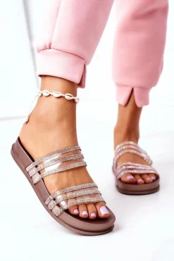 New Boto Gumowe Klapki Z Cyrkoniami Różowe Złoto Miss You