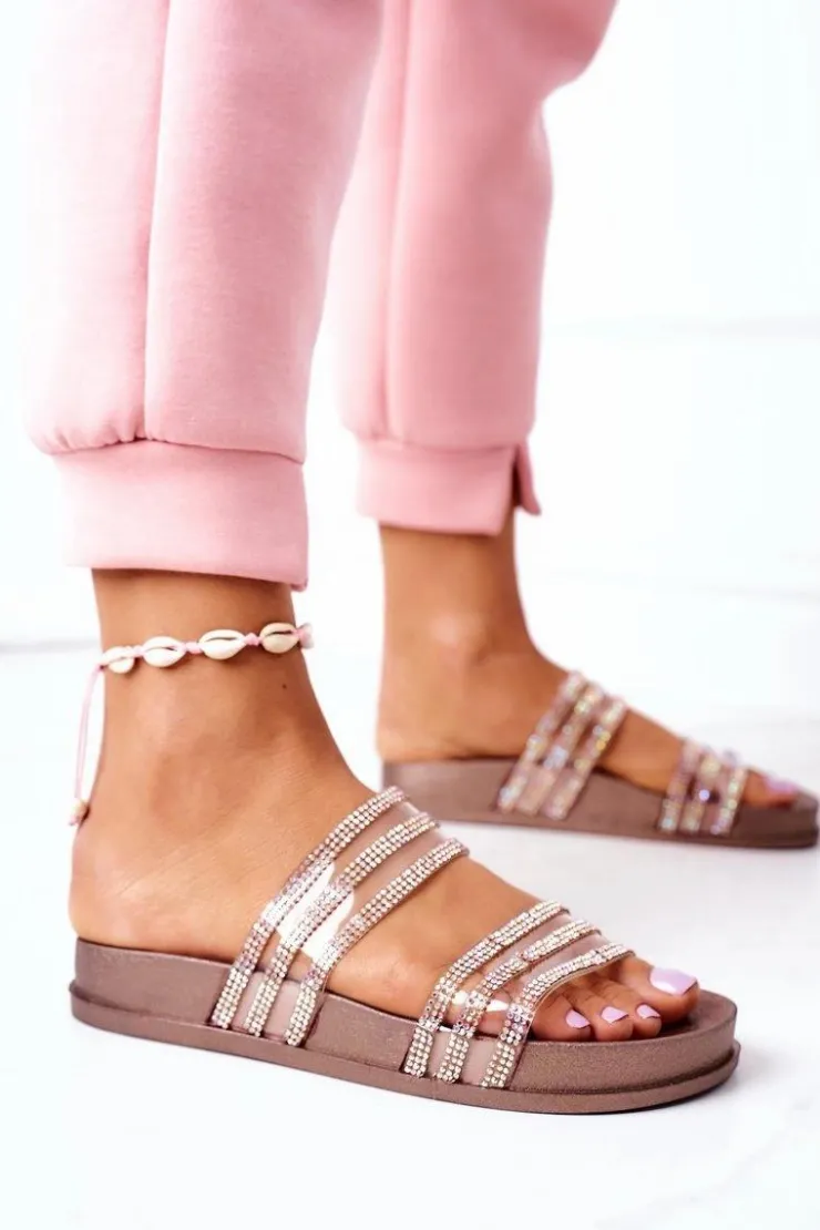 New Boto Gumowe Klapki Z Cyrkoniami Różowe Złoto Miss You