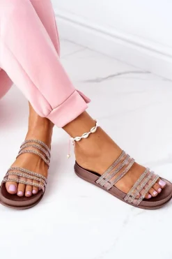 New Boto Gumowe Klapki Z Cyrkoniami Różowe Złoto Miss You