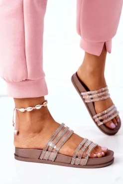 New Boto Gumowe Klapki Z Cyrkoniami Różowe Złoto Miss You