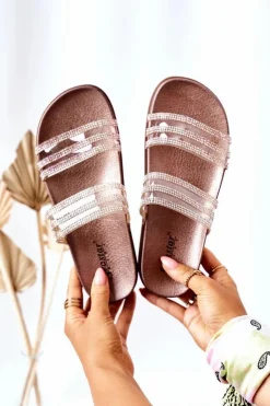 New Boto Gumowe Klapki Z Cyrkoniami Różowe Złoto Miss You